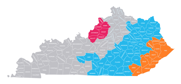 Kentucky County Map with counties served by Code You highlighted by color. General regions include Louisville and Eastern Kentucky